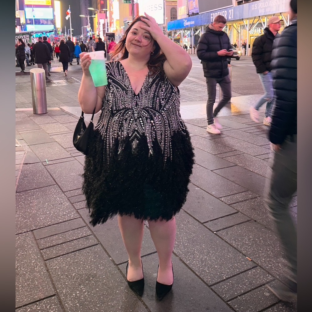 plus size black beaded feather party dress